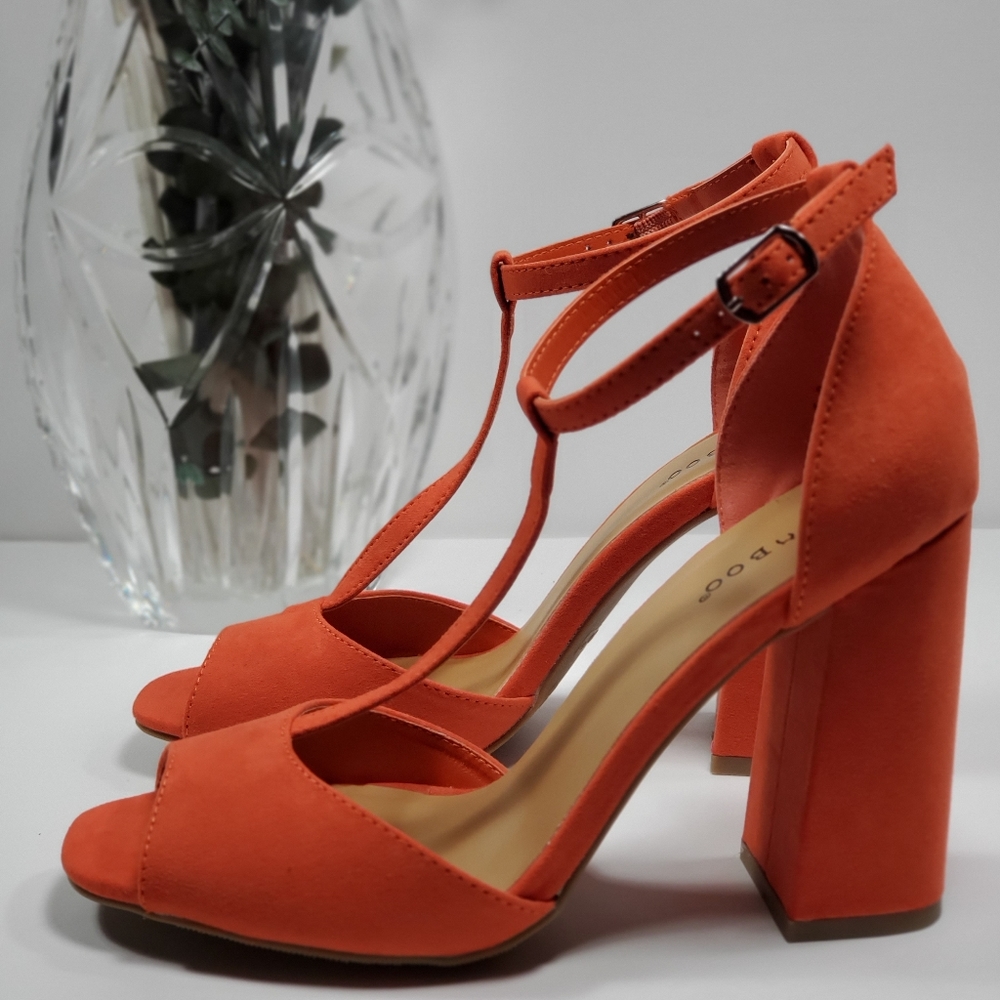 Orange Peep-Toe Ankle Strap Chunky Heels Size 9